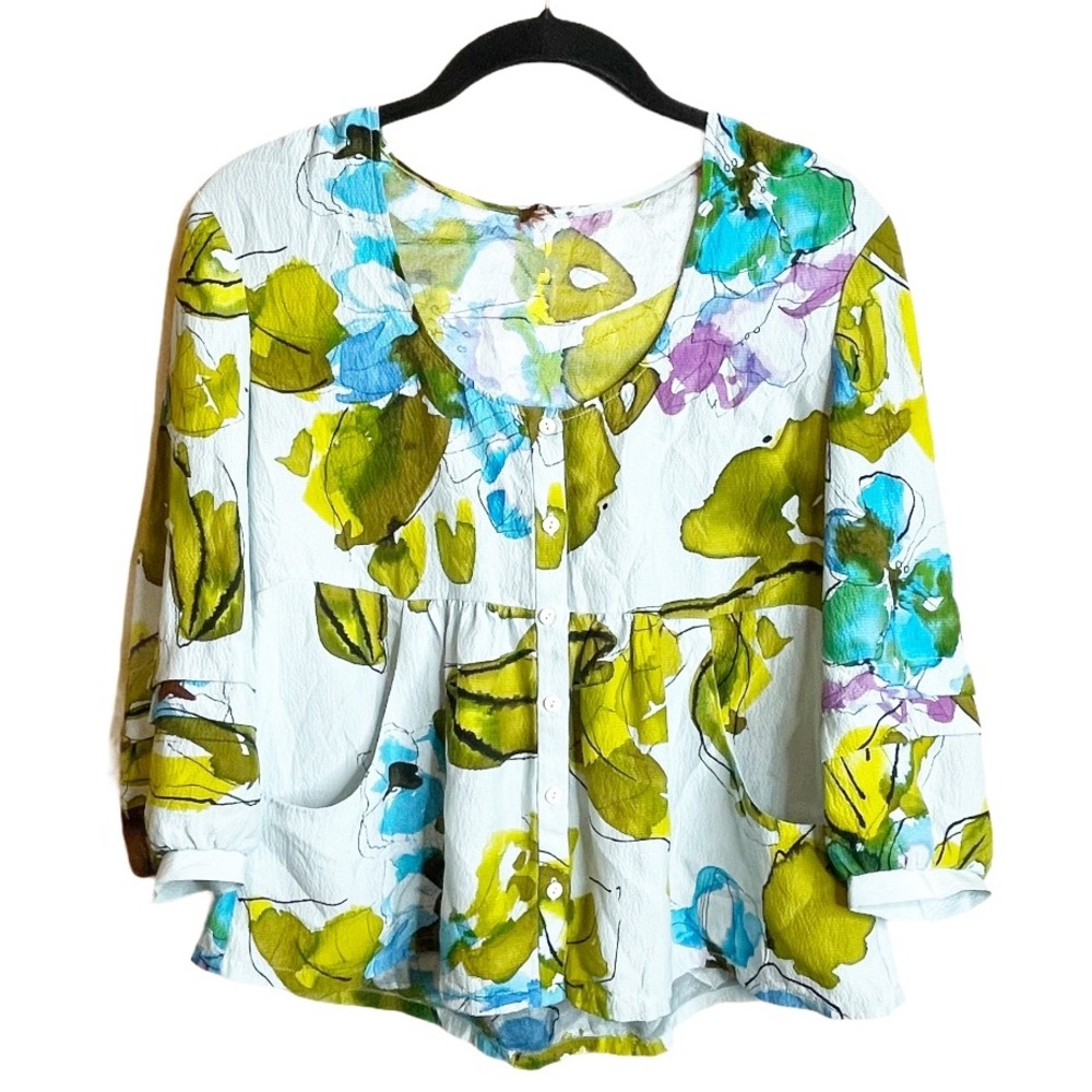 Ali Ro Silk Floral Pocket Peplum Hem Blouse